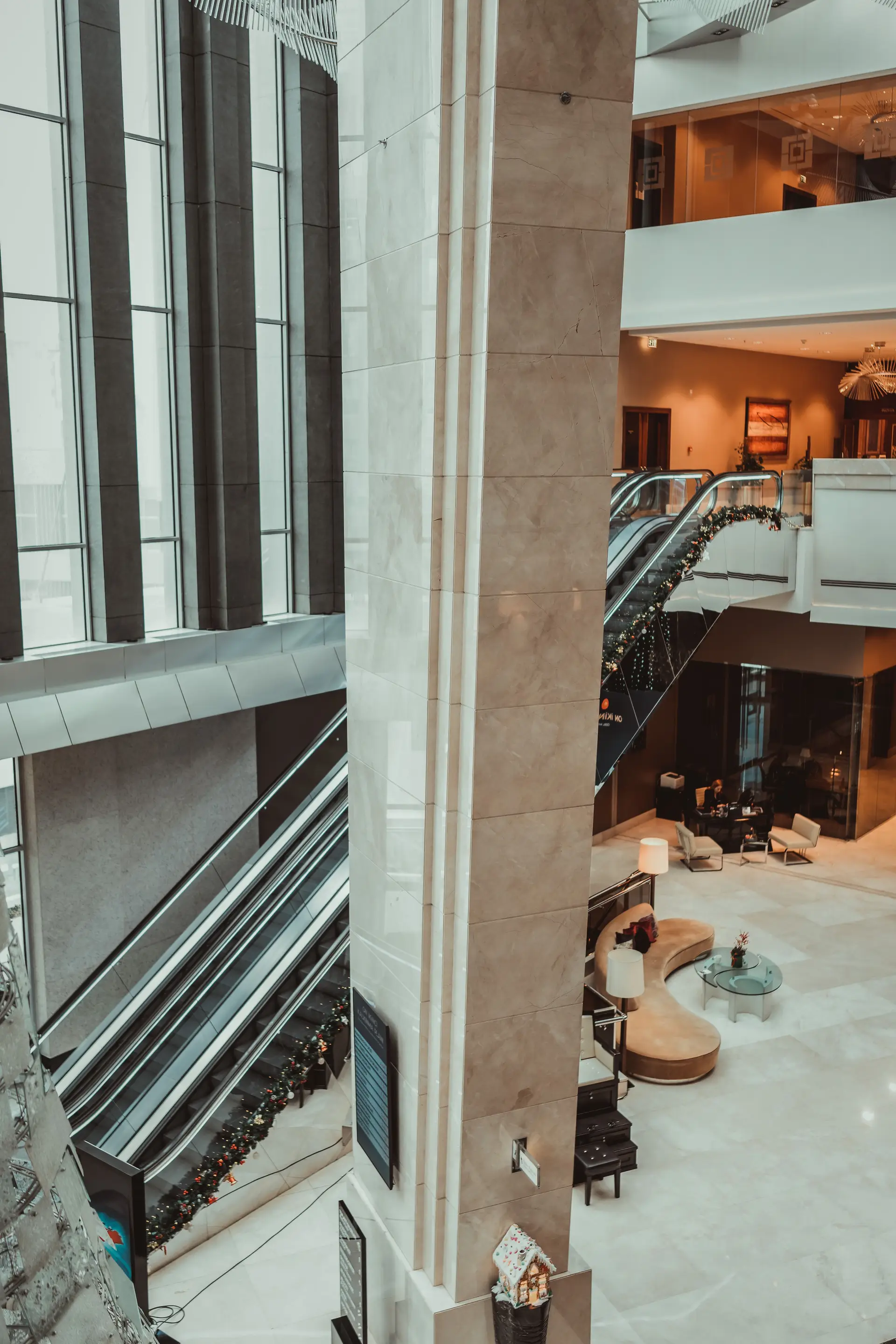 Modern hotel lobby with festive decor